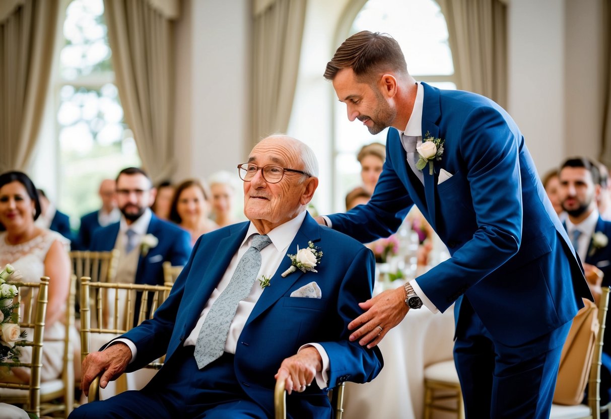 A groom assists an elderly figure to a seat at a wedding