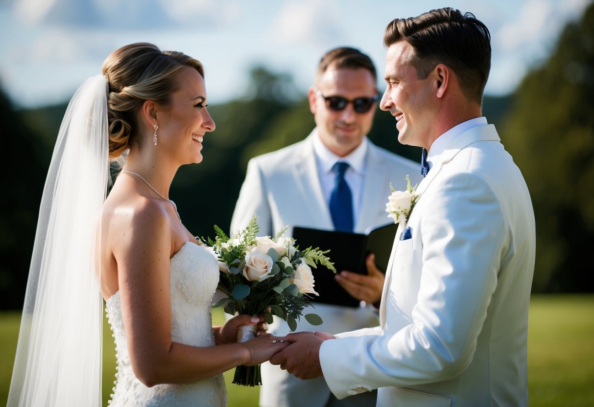 A modern wedding scene with the bride on the left, holding a bouquet, and the groom on the right, exchanging vows