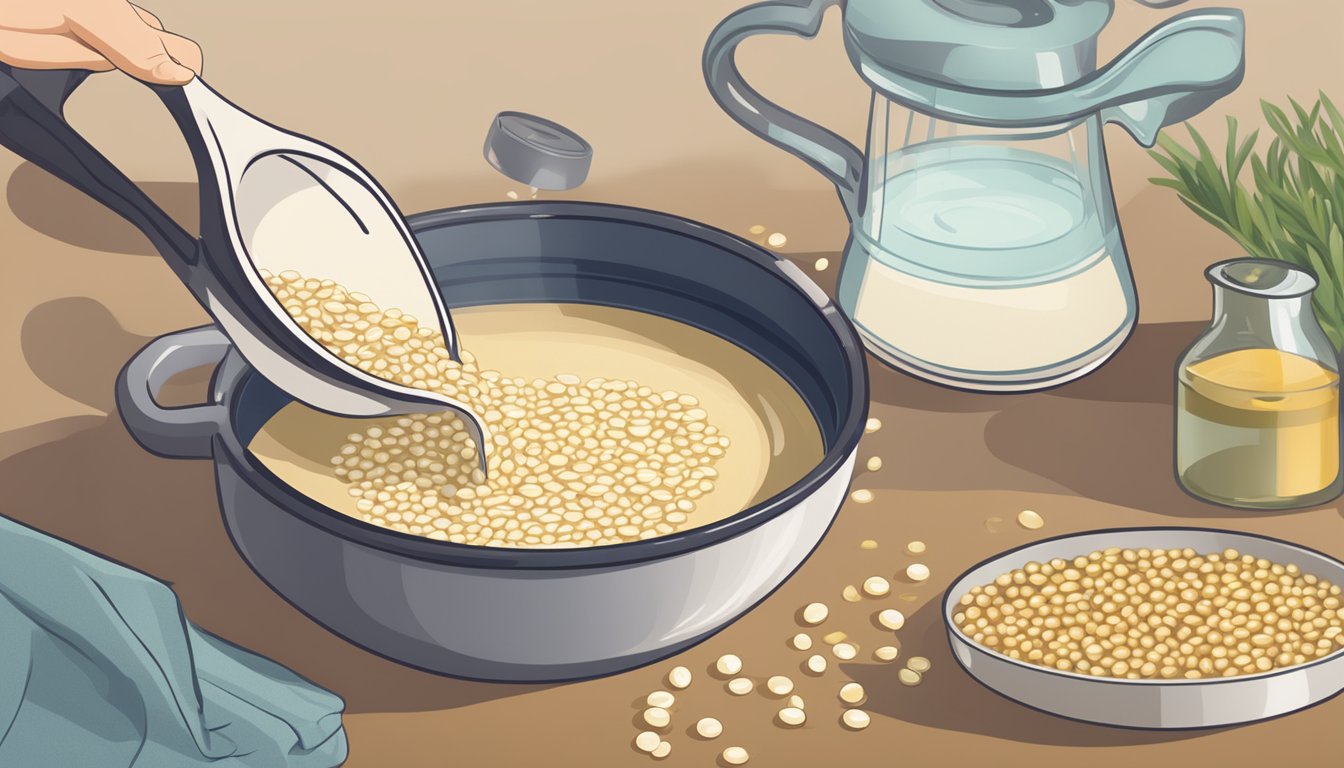 A pot of quick cooking barley being poured into a bowl of simmering broth, with a measuring cup of water and a bag of pearl barley nearby