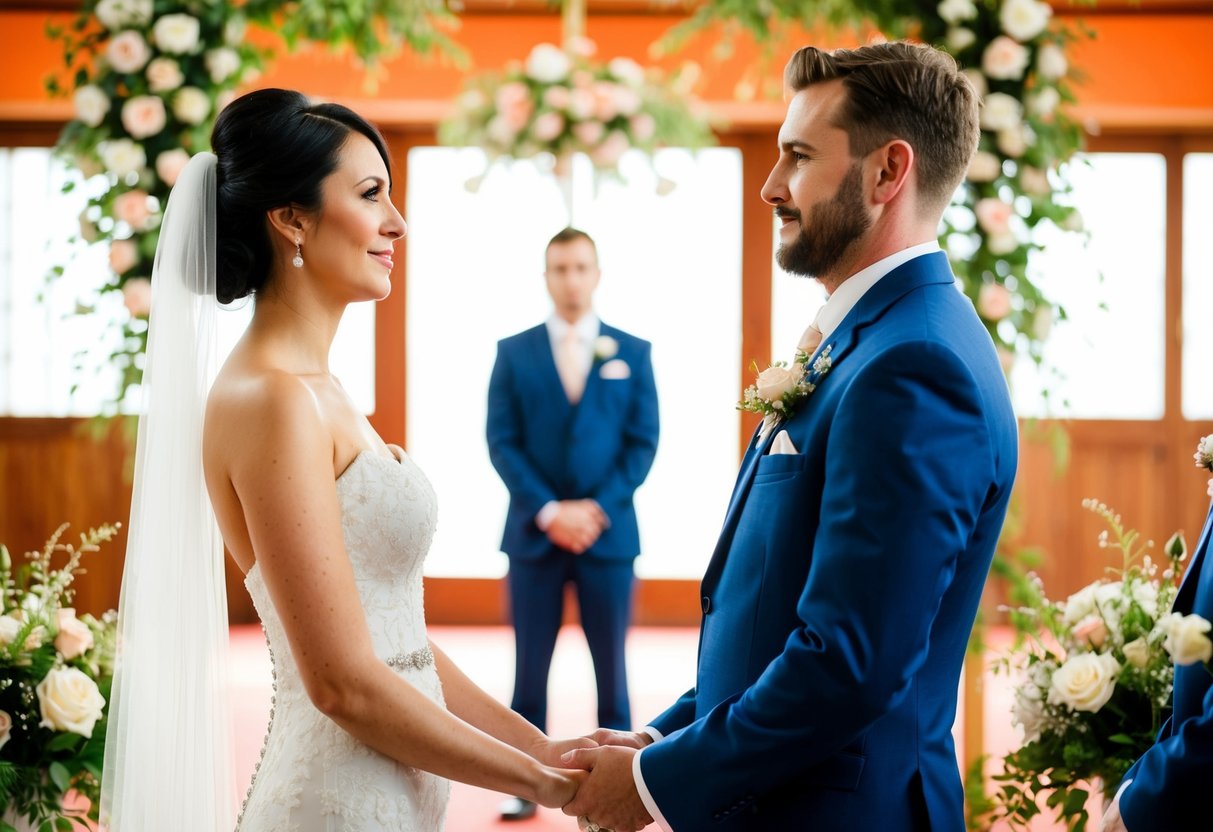 A bride and groom stand facing each other, with the bride positioned on the left side of the scene. The wedding ceremony is taking place in a traditional setting with floral decorations