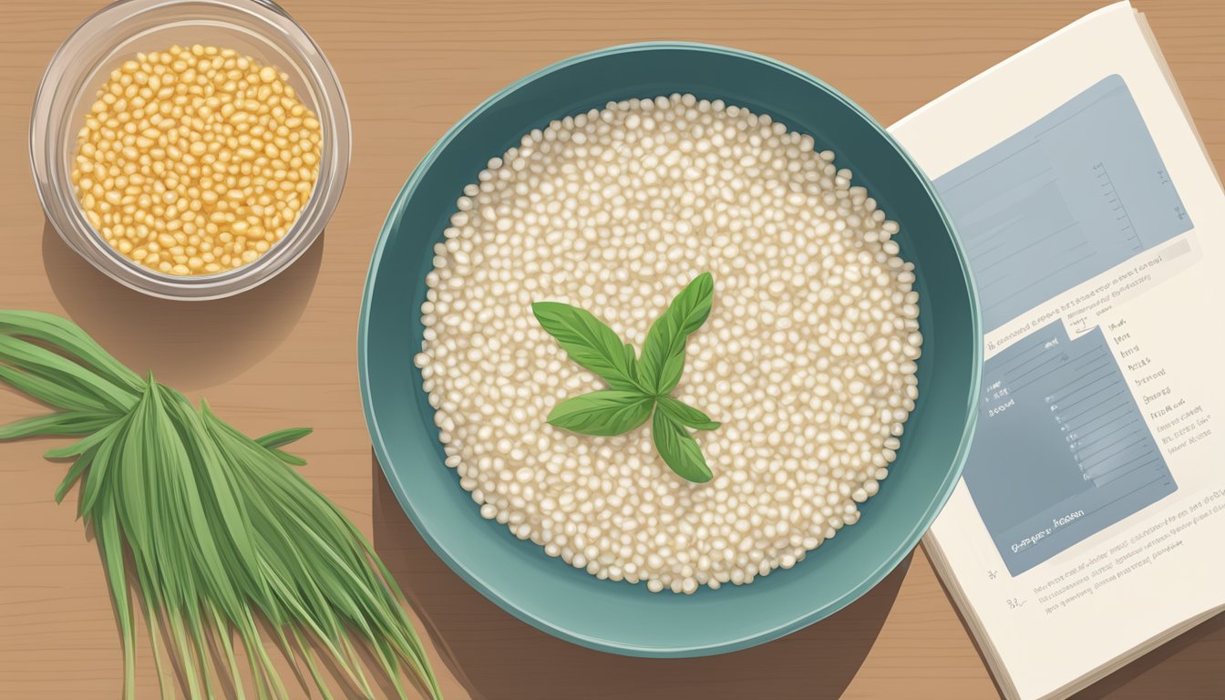 A bowl of quick cooking barley next to a bag of pearl barley, with a measuring cup and a recipe book open to a page on substituting ingredients