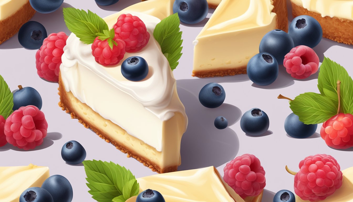 A slice of cheesecake with quark instead of cottage cheese, surrounded by fresh berries and a dollop of whipped cream