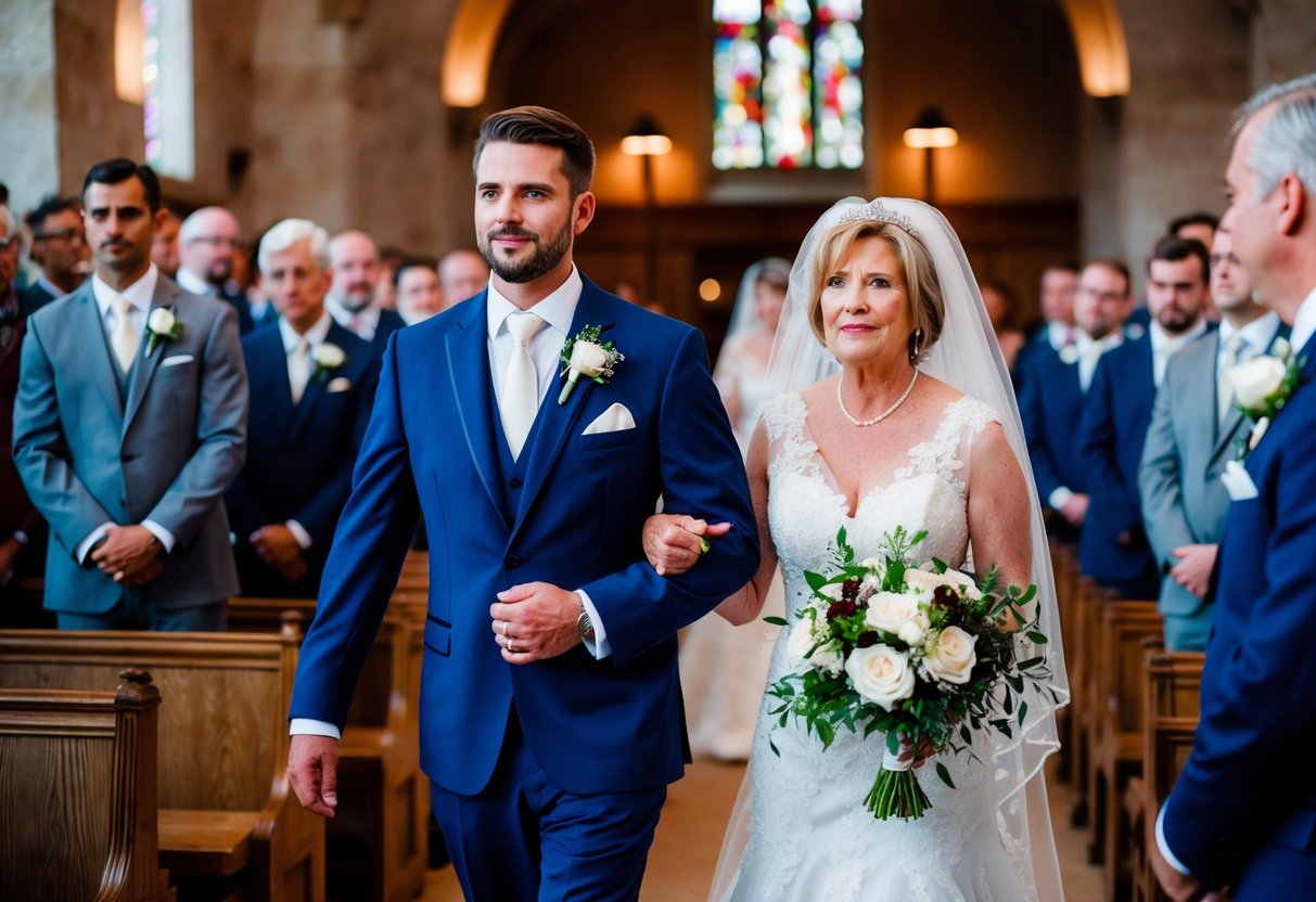 The groom escorts his mother to her seat before taking his place at the altar