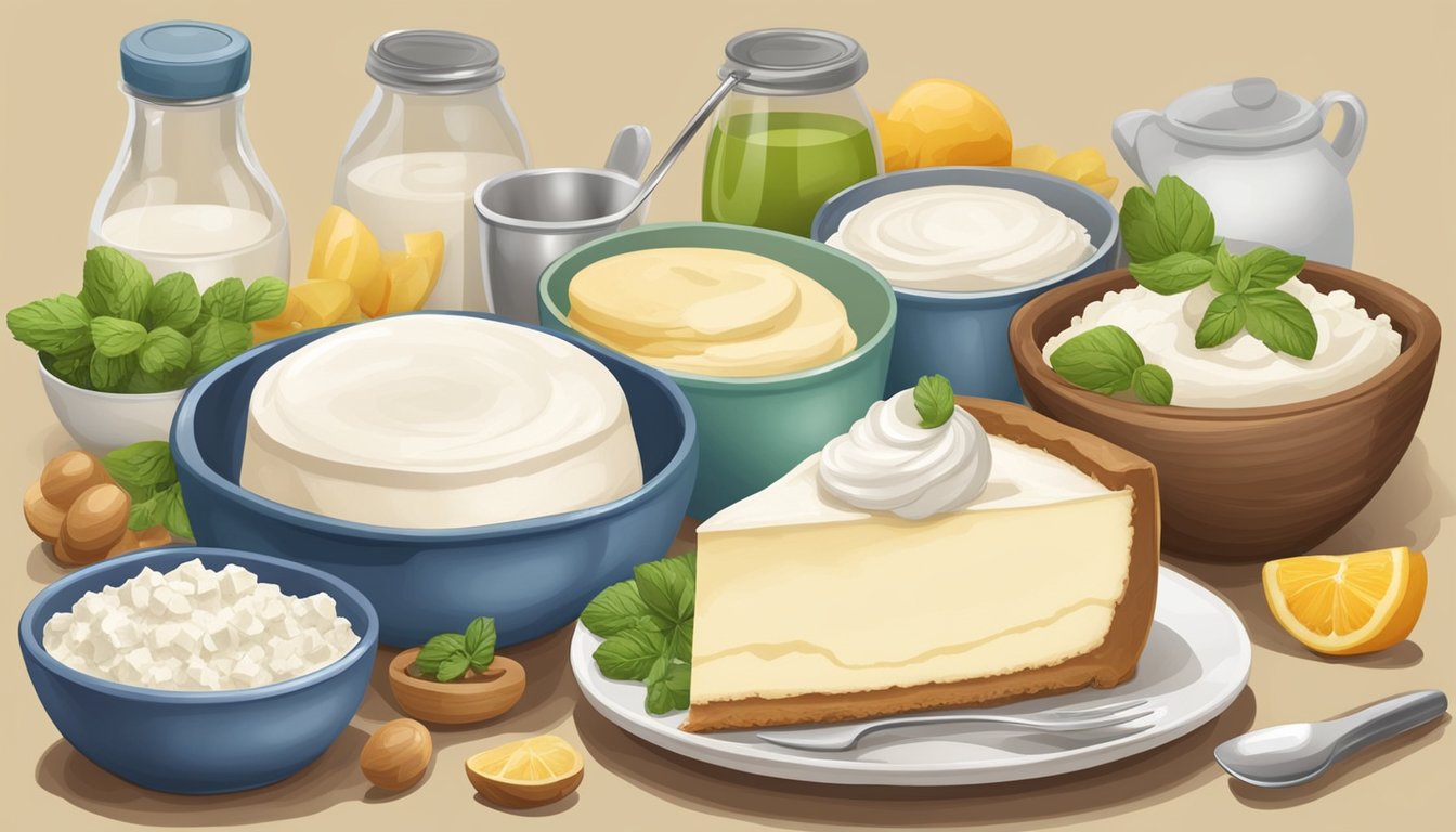 A table with various ingredients and utensils for making cheesecake, including quark and cottage cheese