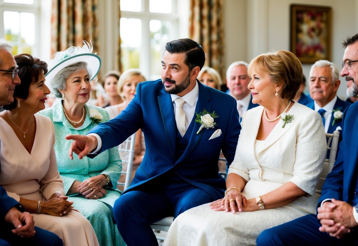 The groom gestures towards a seat for his mother, while other family members look on with varied expressions