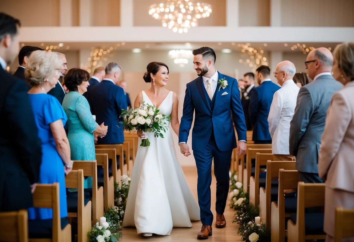 The groom guides his mother to her seat at the modern wedding ceremony
