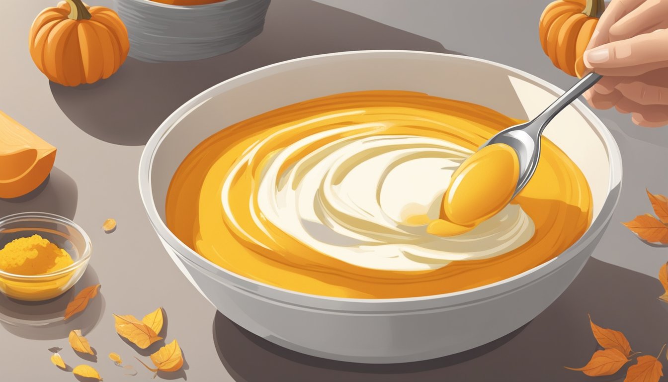 A bowl of pumpkin puree being poured into a mixing bowl, with a measuring spoon and eggs nearby