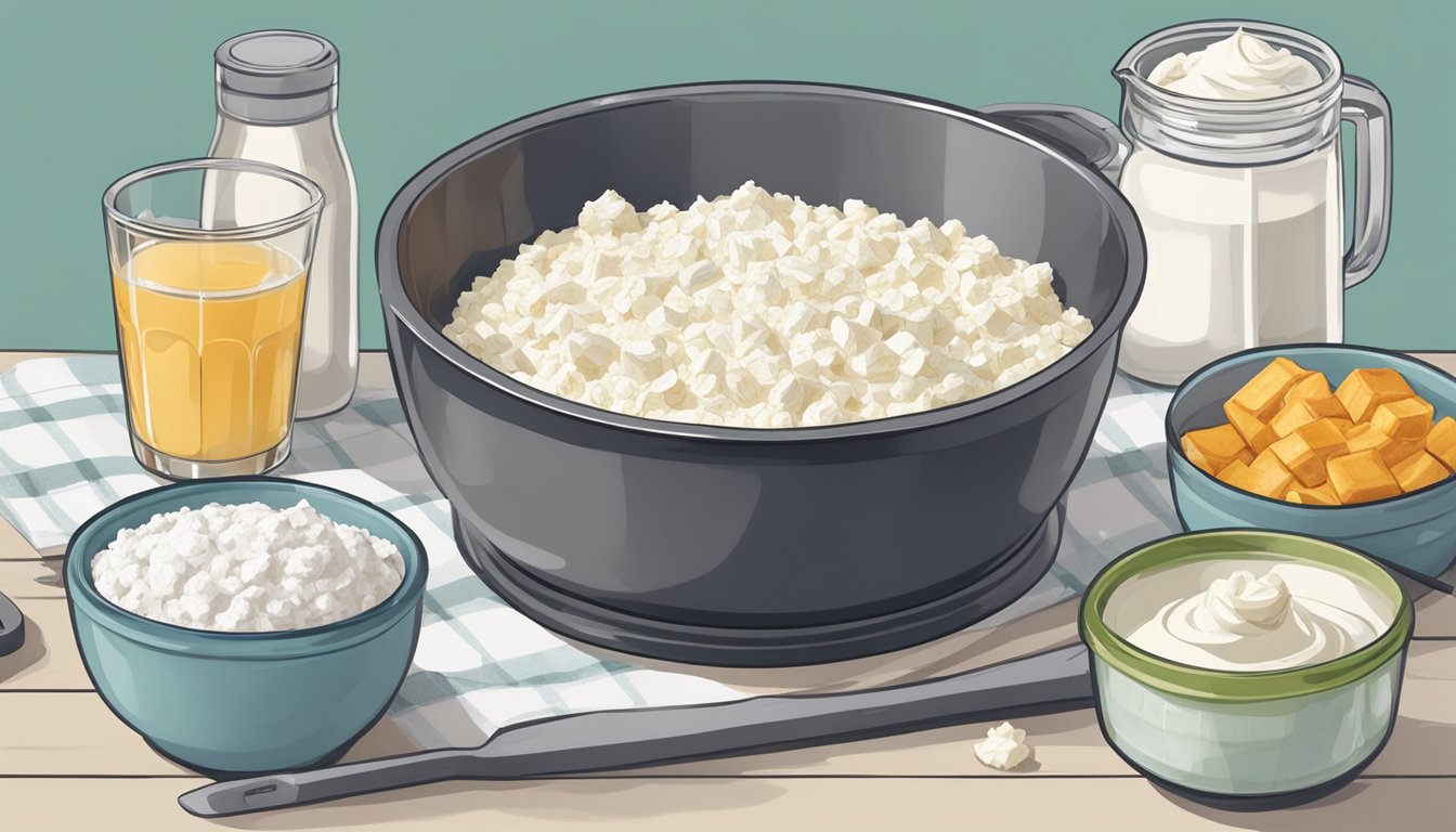 A mixing bowl filled with quark and a measuring cup of cottage cheese next to it, surrounded by various ingredients and a cheesecake pan