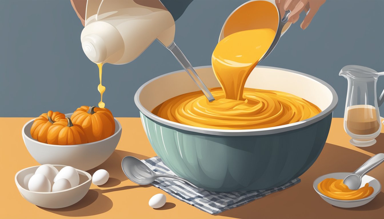 A pumpkin puree being poured into a mixing bowl, alongside a measuring spoon and eggs