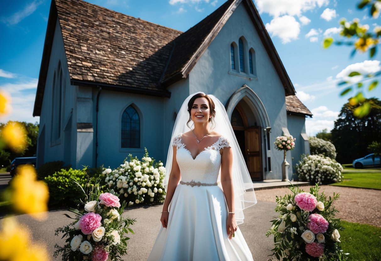 A bride standing outside a rustic church, surrounded by blooming flowers and a clear blue sky, as she eagerly waits for her wedding ceremony to begin