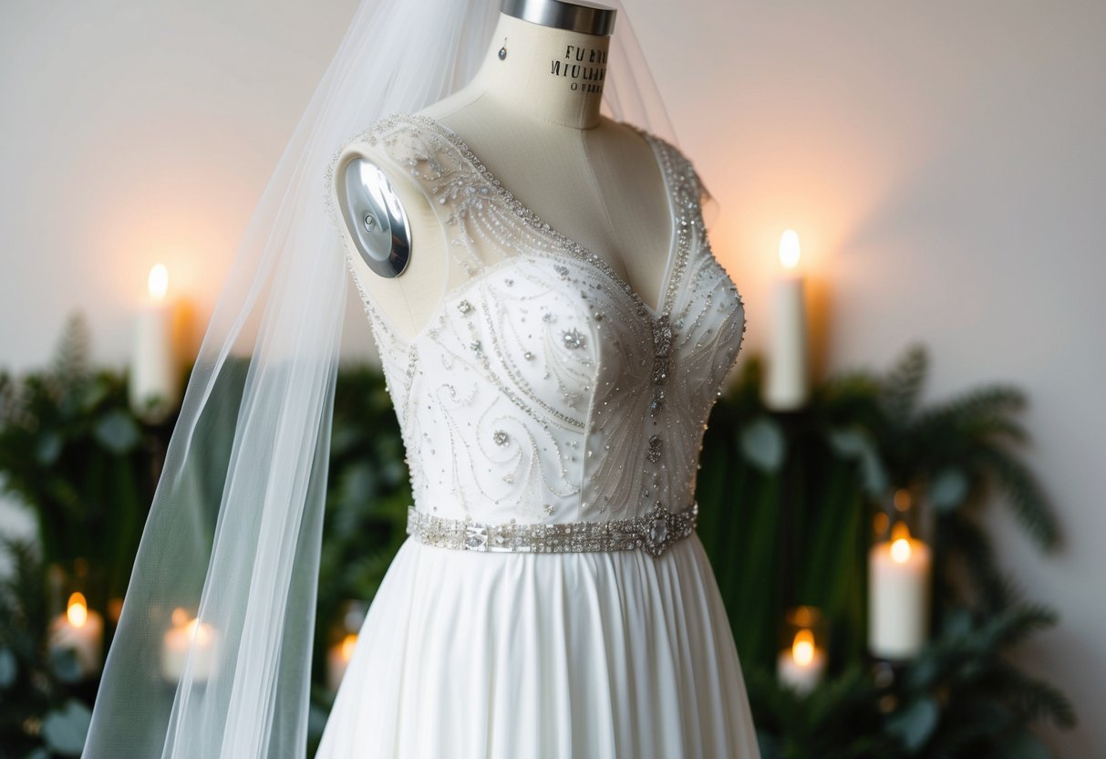 A simple wedding dress adorned with delicate lace and intricate beading, accented with a flowing veil and a sparkling belt, set against a backdrop of soft candlelight and lush greenery