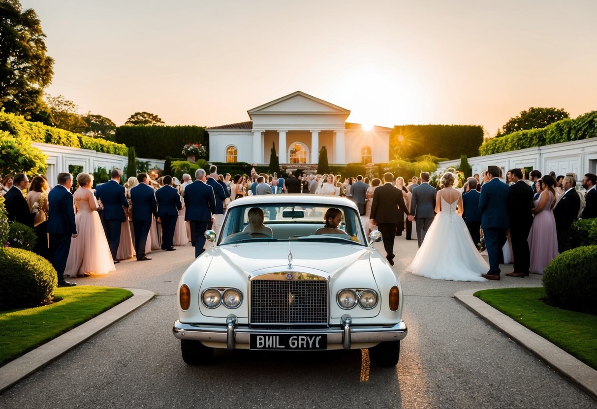 The bride's car pulls up to the elegant venue, surrounded by lush gardens and a grand entrance. Guests are starting to arrive, and the sun is setting in the distance