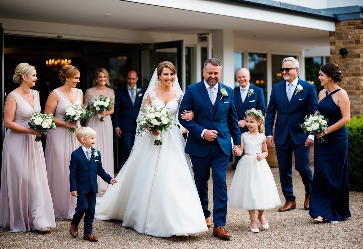 The bride arrives at the venue, greeted by her bridal party and family, as they prepare for the wedding ceremony