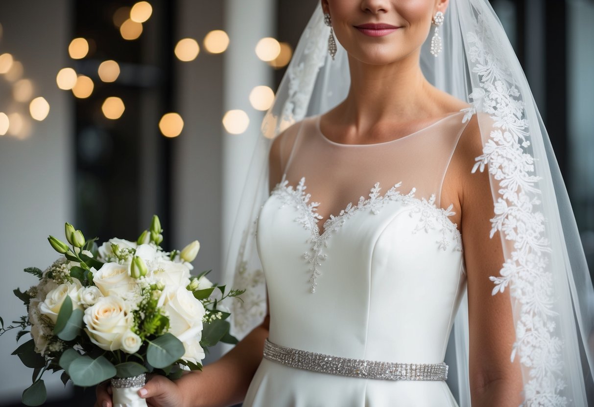 A simple wedding dress is adorned with delicate lace overlay, a sparkling belt, and a cascading veil. Bouquet of flowers and shimmering earrings complete the elegant look