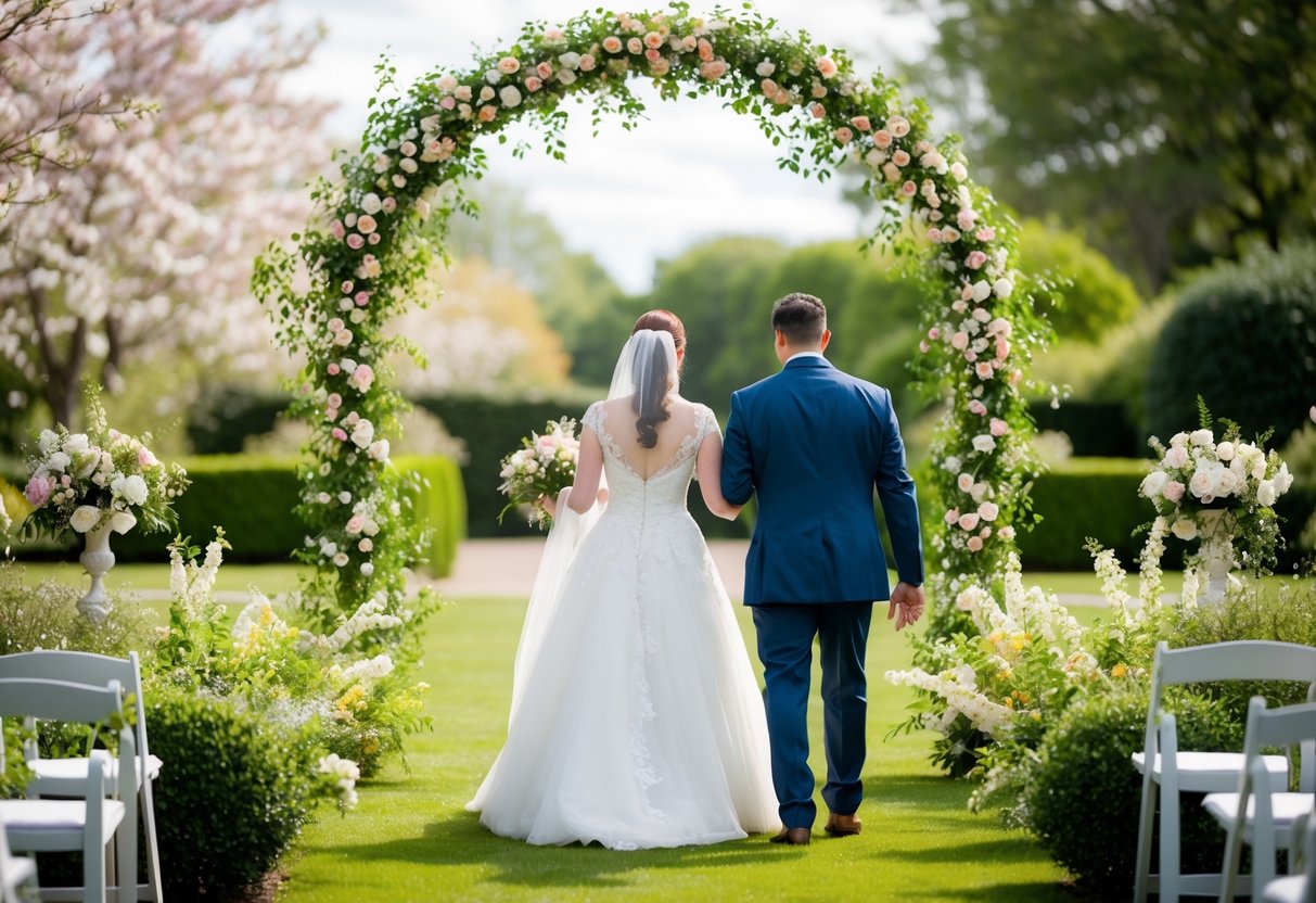 The bride arrives early at the wedding venue, greeted by a serene garden setting with blooming flowers and a decorated archway
