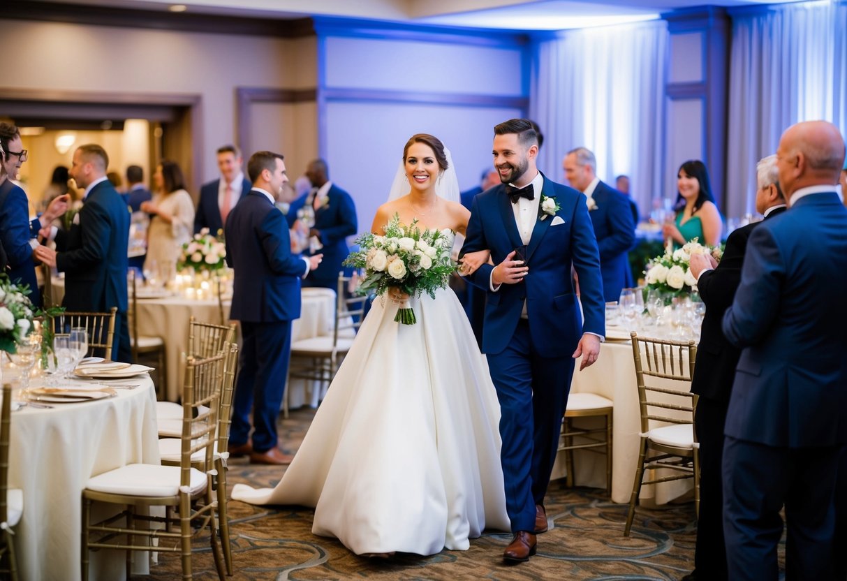The bride arrives at the reception venue, greeted by guests and event staff. Tables are set with floral centerpieces and elegant place settings. Music plays in the background as guests mingle and enjoy cocktails