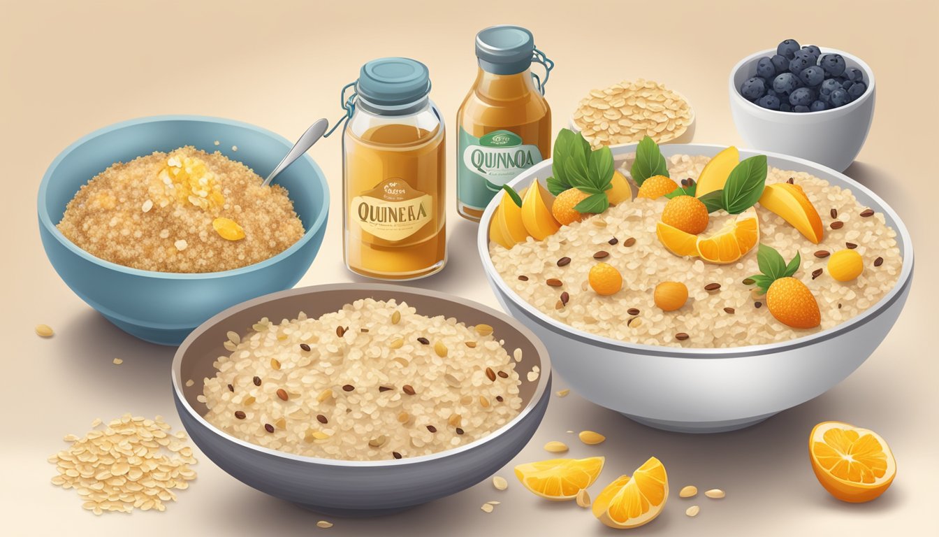 A bowl of quinoa flakes next to a bowl of oatmeal, with various ingredients like fruits, nuts, and honey scattered around