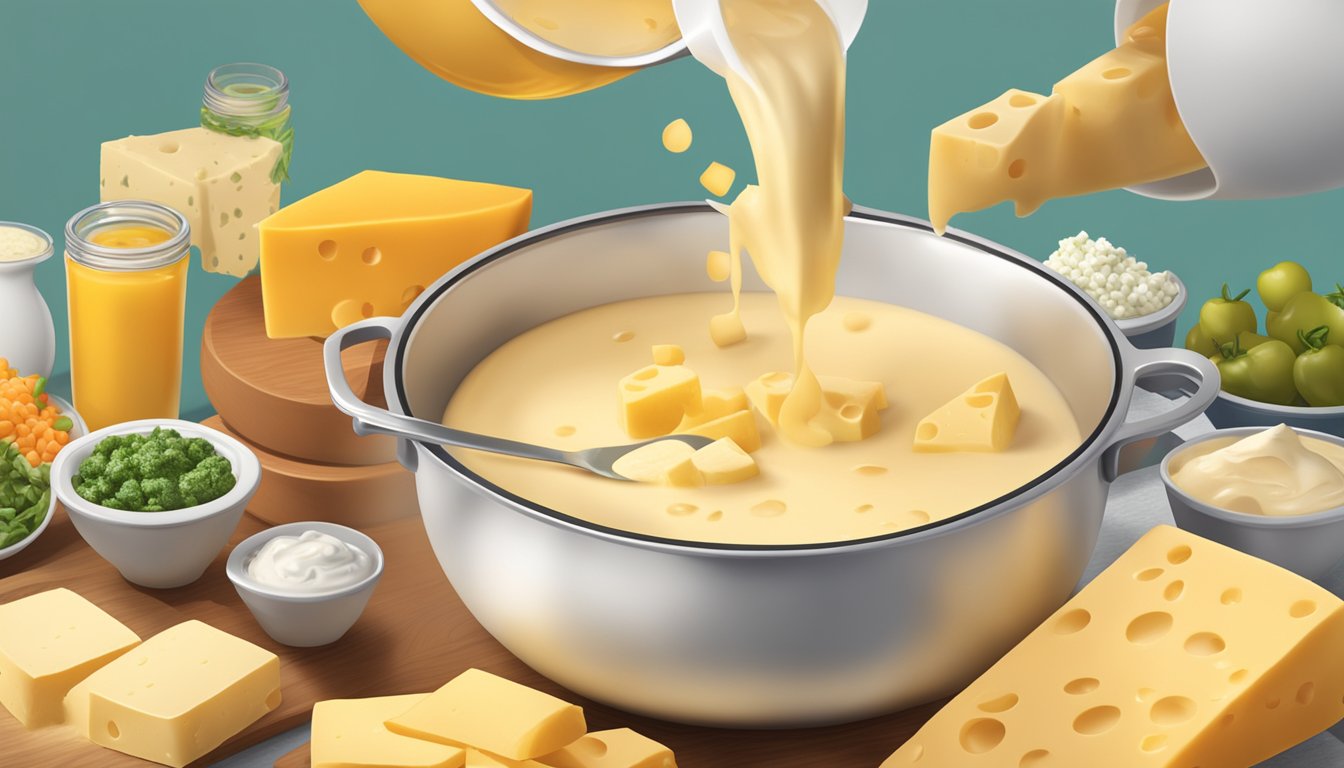 A bubbling pot of queso dip being poured into a mixing bowl, surrounded by various cheese and ingredient containers