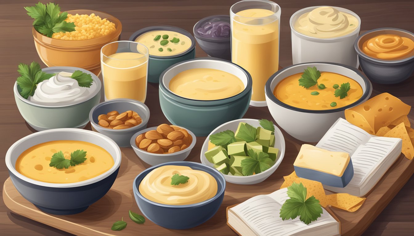 A table with various bowls of queso dip, surrounded by ingredients and recipe books