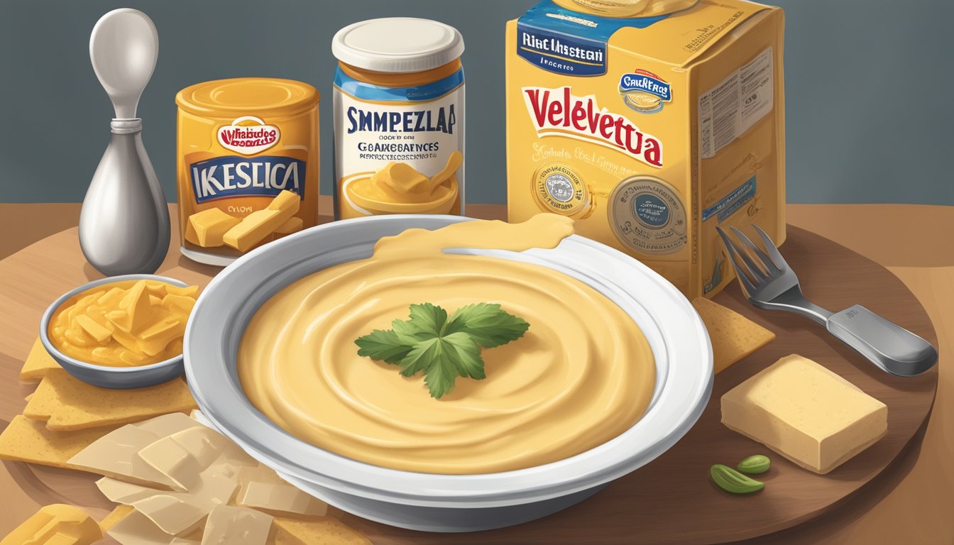 A bowl of queso dip sits next to a block of Velveeta, surrounded by various ingredients and kitchen utensils. A recipe book is open to a page titled "Simple Ingredients for Rich Flavor."