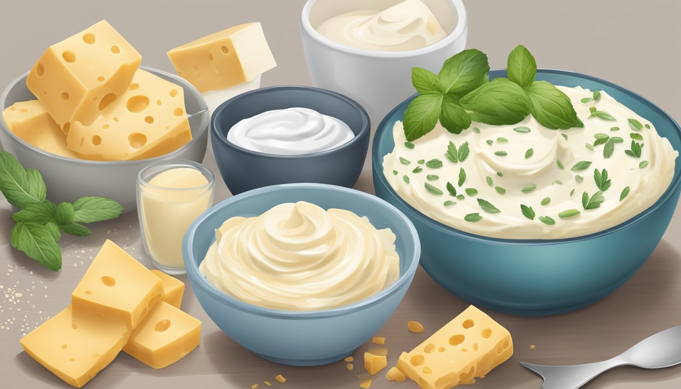 A bowl of quark and fromage frais side by side, with various dairy alternatives surrounding them