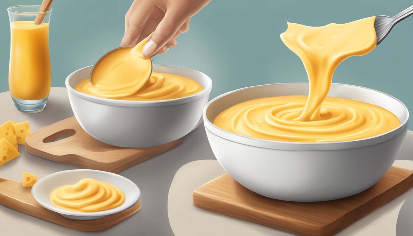 A bowl of queso dip being smoothly stirred into a pot of melted cheese, creating a creamy texture without Velveeta