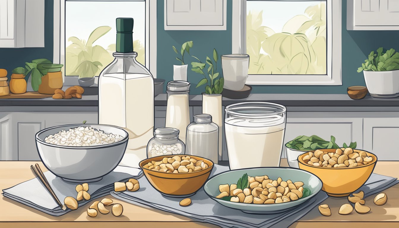 A kitchen counter with bowls of tofu, coconut yogurt, and cashews, alongside a recipe book open to a page on dairy-free substitutions