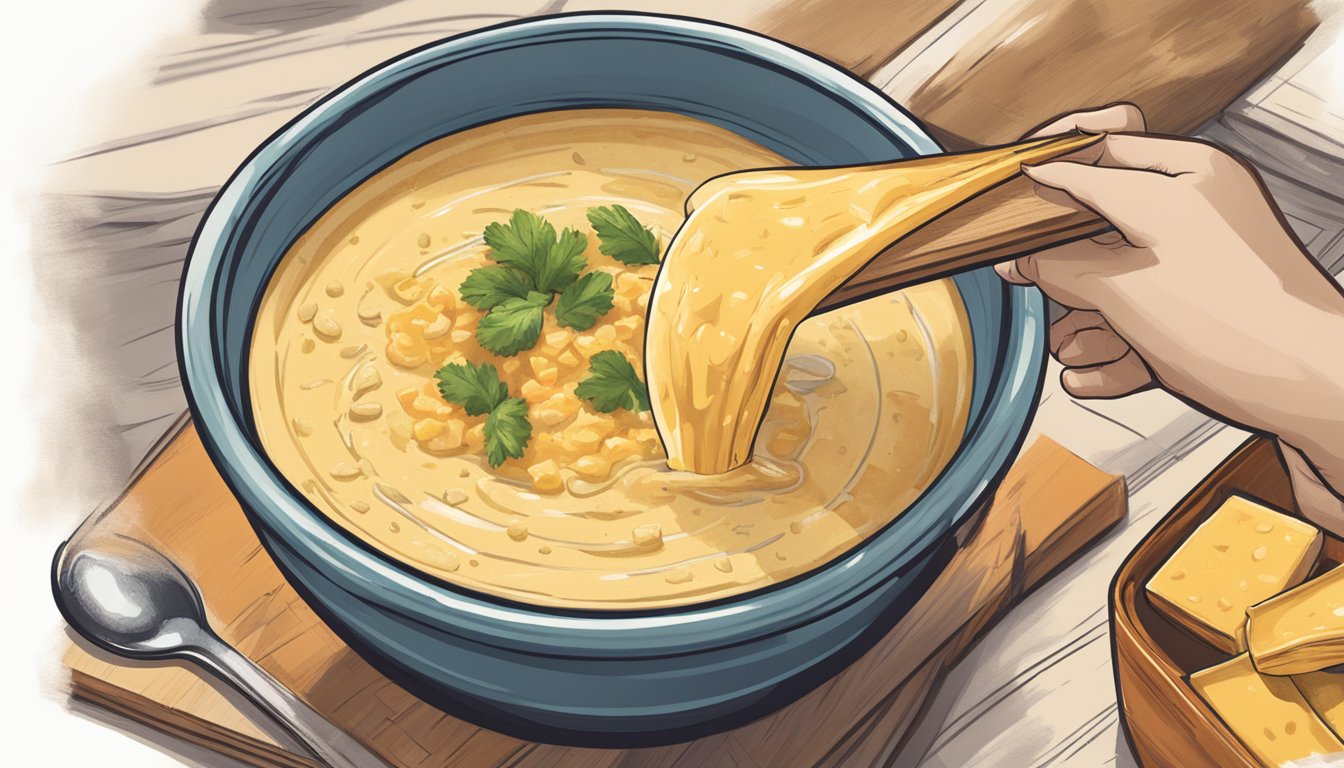 A bowl of queso dip being poured into a pot of bubbling ingredients, with a recipe book open to a page titled "Substitution Techniques for Velveeta in Recipes."