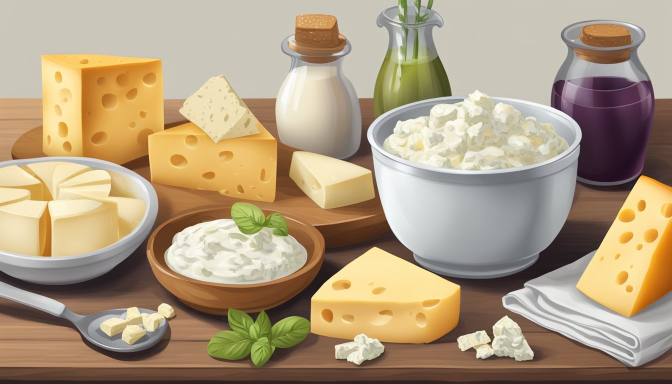 A table with various cheese varieties and a bowl of quark next to a container of fromage frais