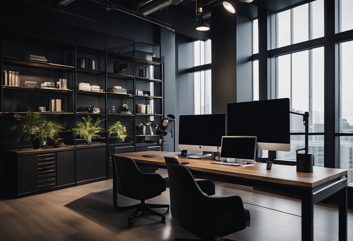 A dimly lit office with sleek black furniture, industrial lighting, and moody artwork on the walls