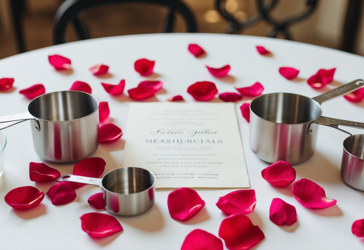 A table with scattered rose petals, surrounded by measuring cups and a wedding invitation