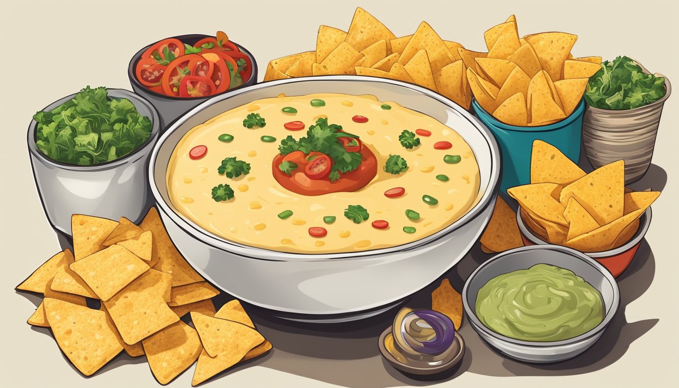 A bowl of queso dip being poured over nachos and paired with a variety of chips and vegetables for dipping