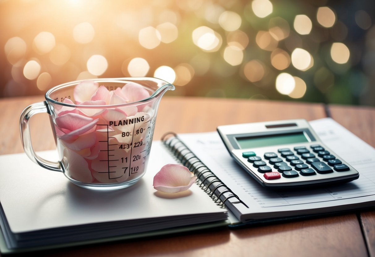 A measuring cup filled with rose petals next to a wedding planning book and a calculator