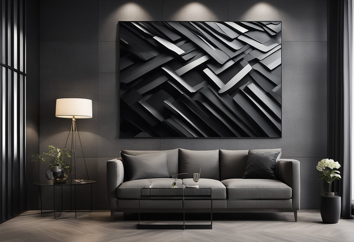 A bold, abstract graphite wall art piece hangs in a sleek, modern office space, adding a touch of dark sophistication to the decor