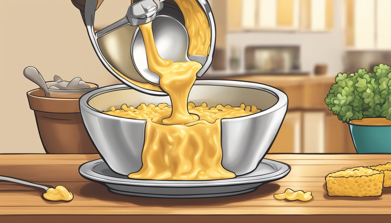 A bubbling pot of queso dip being poured into a bowl of macaroni and cheese, replacing the traditional velveeta