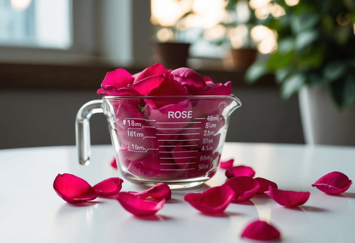 A measuring cup filled with rose petals, scattered on a white table