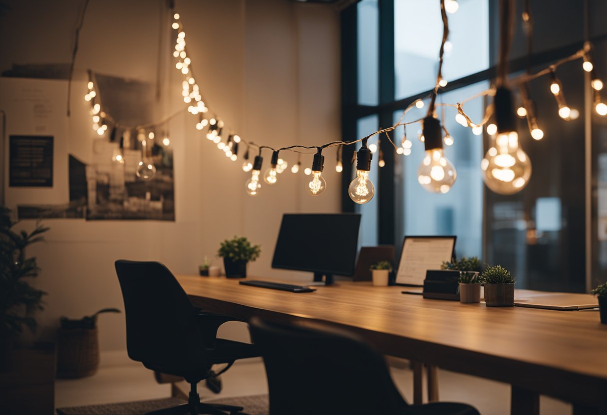 A dimly lit office space adorned with Edison bulb string lights, creating a cozy and inviting atmosphere