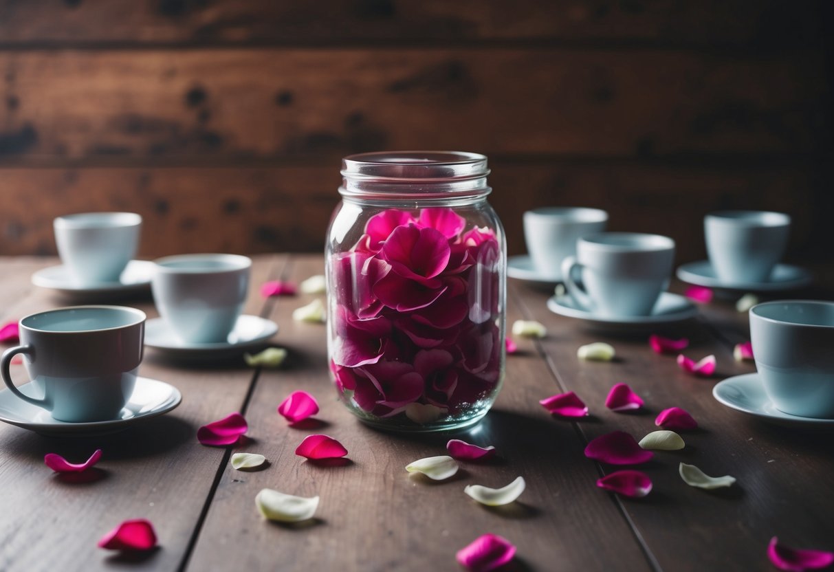A table with a glass jar filled with rose petals, surrounded by empty cups and a scattering of petals on a wooden surface