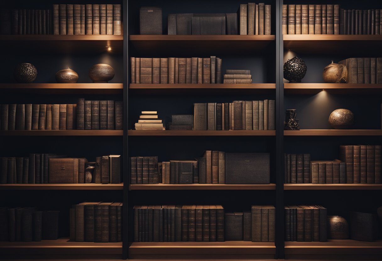 A dark wood bookshelf stands in a dimly lit office, adorned with 16 pieces of dark decor