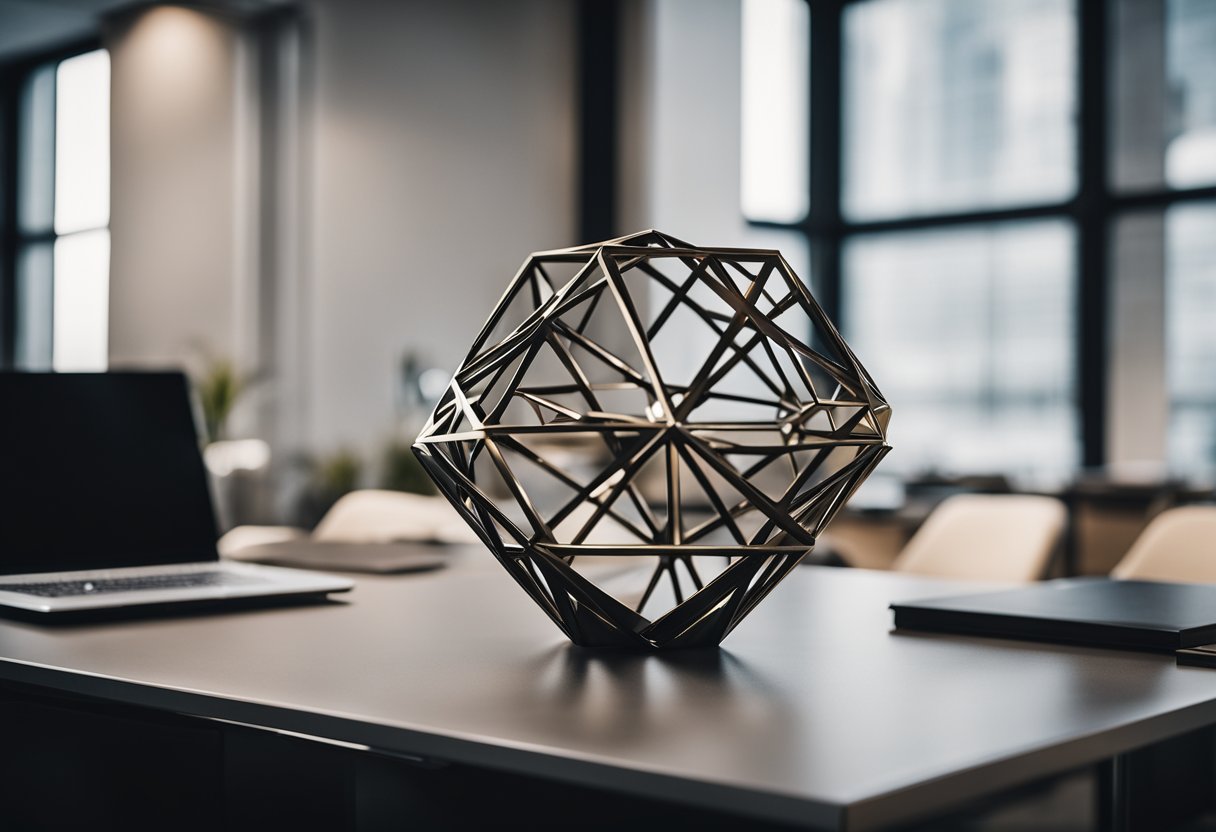 A metal geometric sculpture sits on a sleek desk in a dimly lit office, surrounded by modern decor