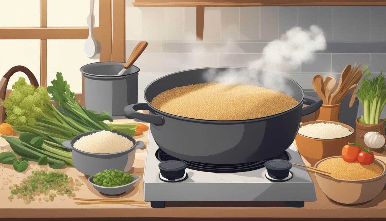 A steaming pot of quinoa cooking on a stove, surrounded by various fresh ingredients and cooking utensils, with a bowl of rice off to the side