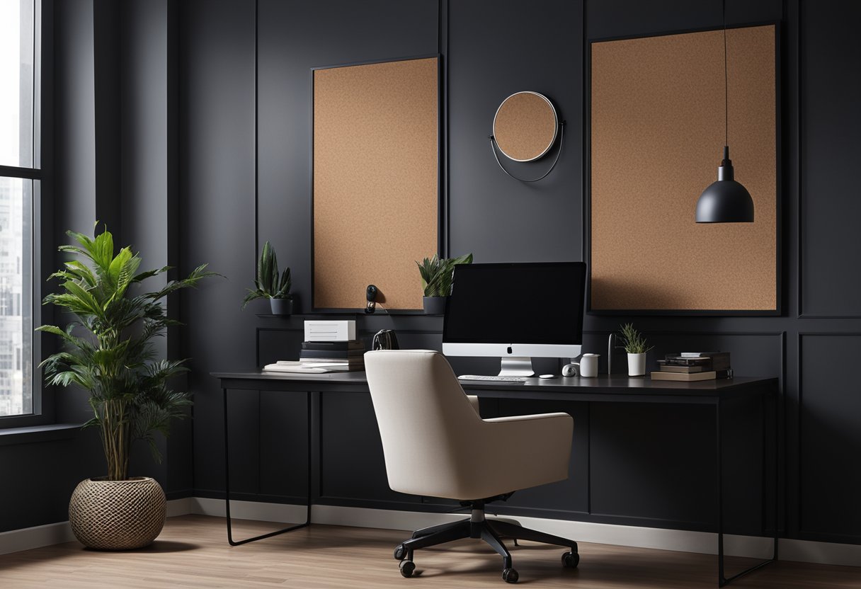 A charcoal-framed cork board hangs on a dark office wall, surrounded by minimalist decor and sleek furniture