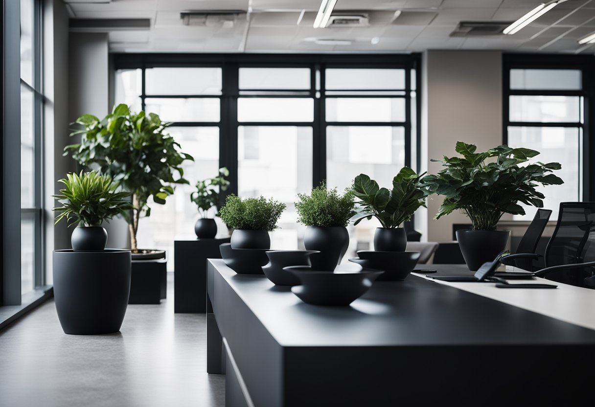 A sleek, modern office space with glossy black plant pots scattered among dark decor accents