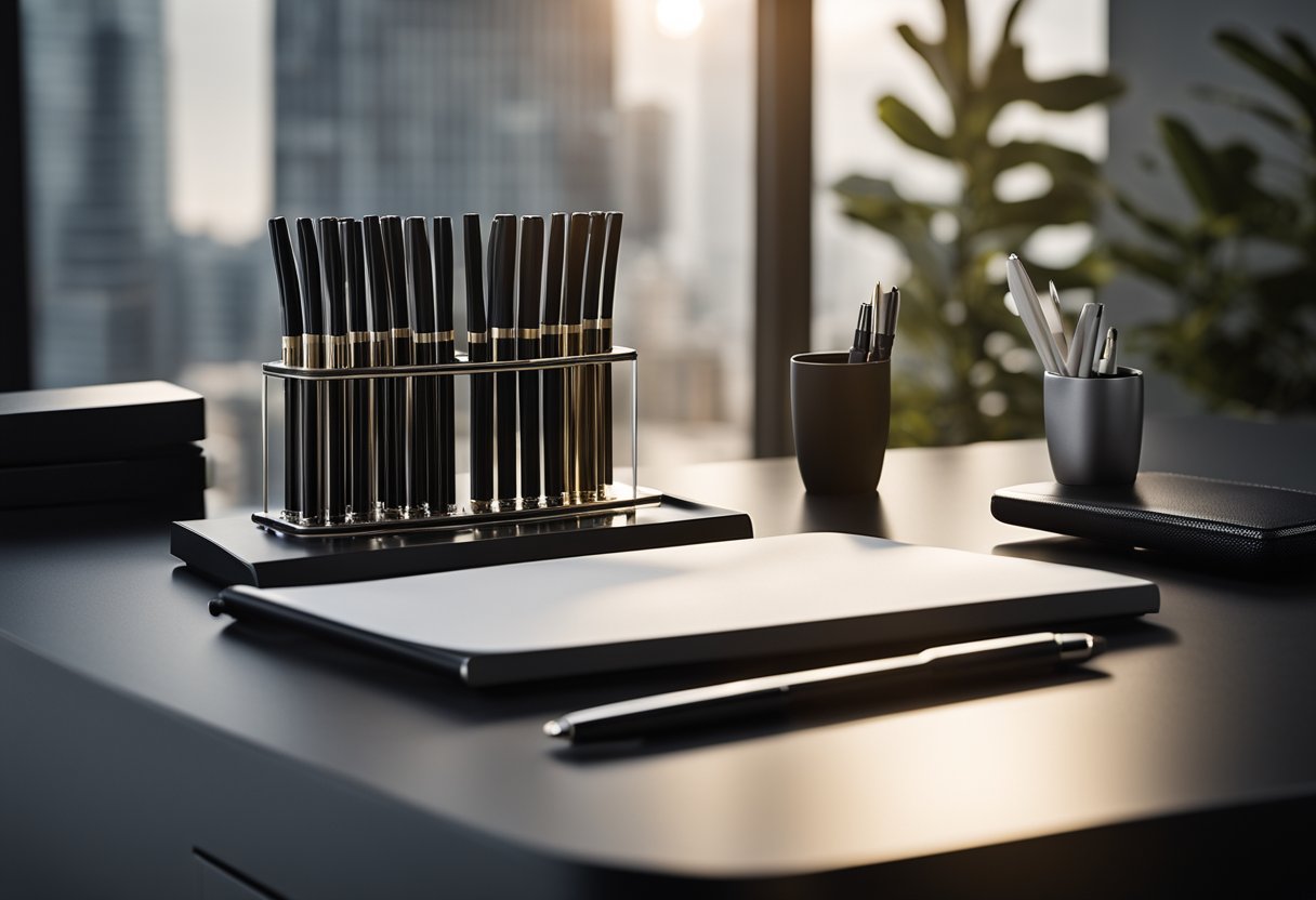 A sleek desk with a set of 16 gel ink rollerball pens arranged in a stylish holder, surrounded by dark office decor such as a modern lamp and minimalist desk accessories