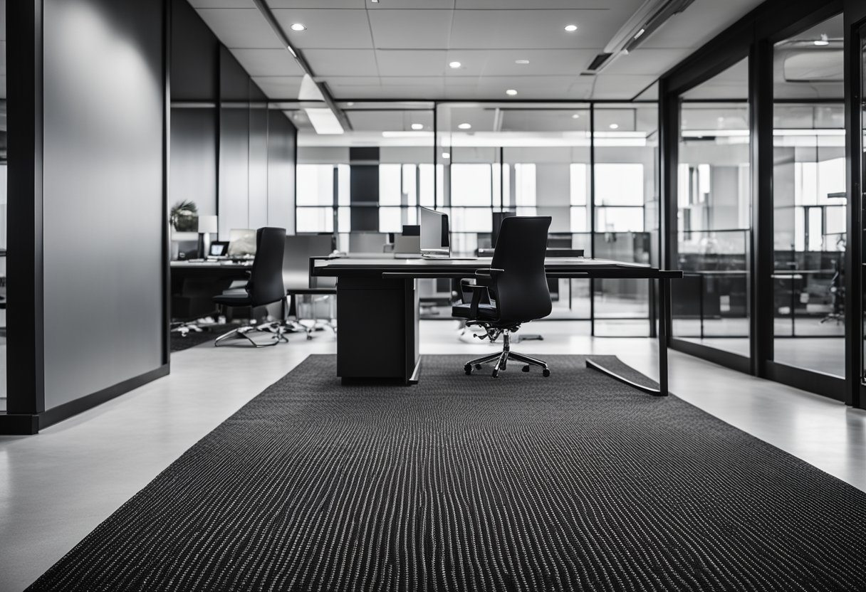 A sleek monochrome rug anchors a modern office with dark decor