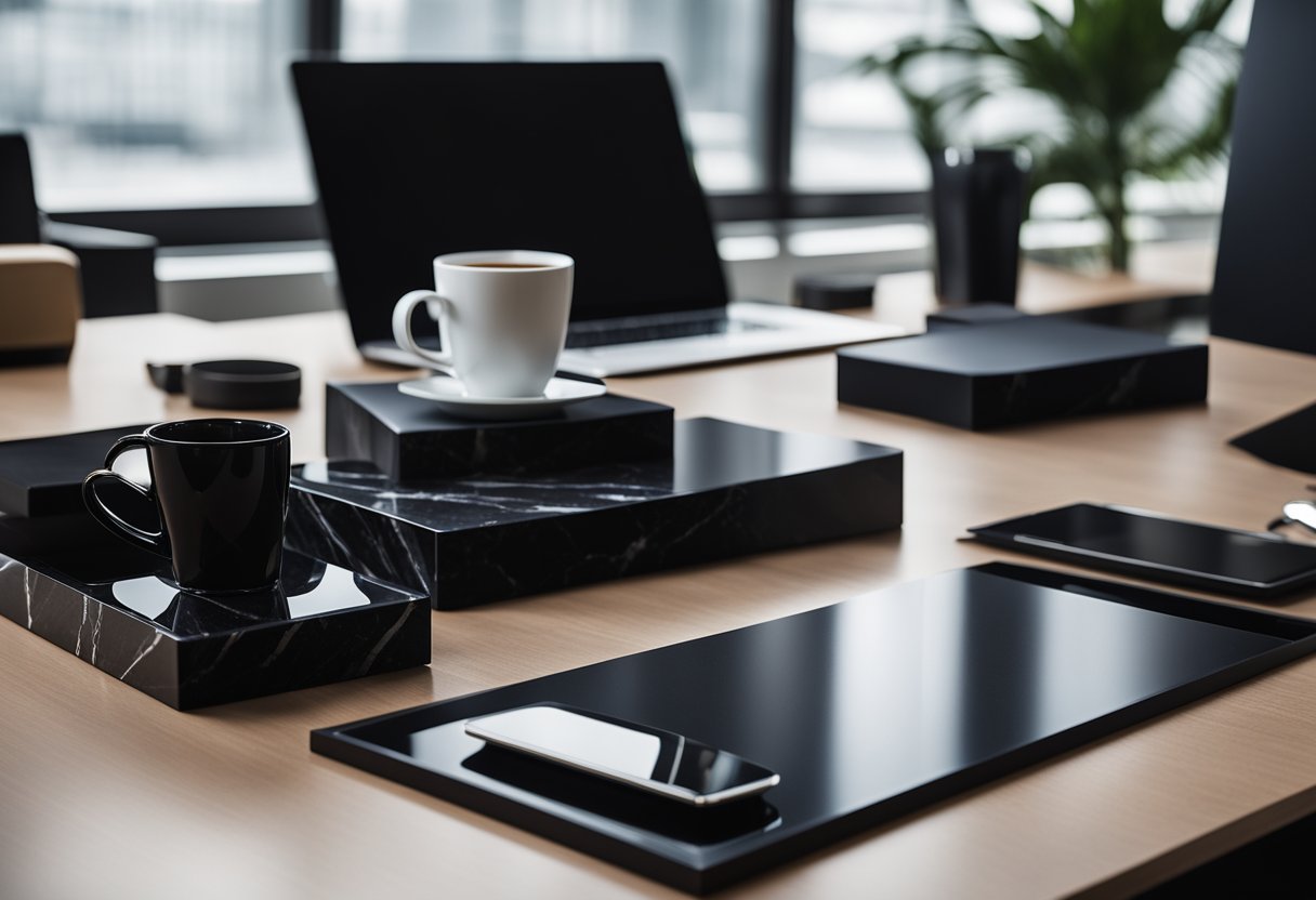 A sleek desk with black marble coasters, surrounded by dark office decor and modern furnishings