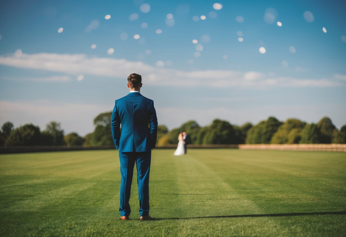 The groom stands on the left, facing the center, with an open space to the right