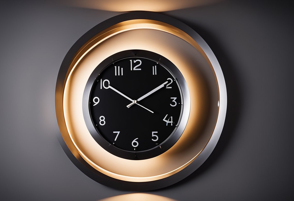 A sleek matte black wall clock hangs in a dimly lit office, surrounded by modern decor and moody lighting