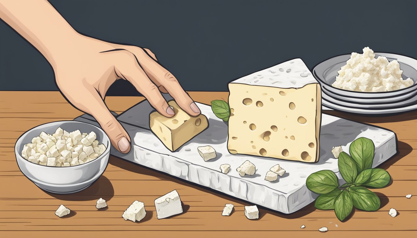 A hand reaching for a block of queso fresco next to a crumbled pile of feta cheese on a cutting board