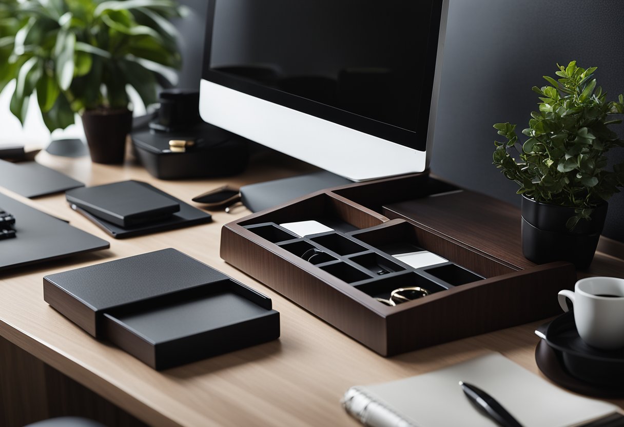 A dark walnut desk organizer sits on a sleek, modern desk surrounded by other dark office decor items